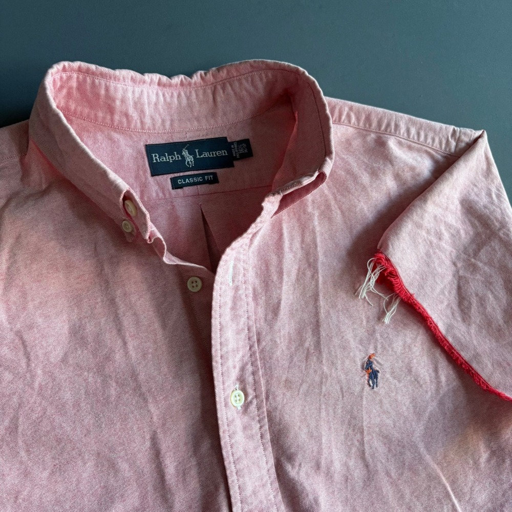 Polo Ralph Lauren Oxford Shirt | Size L | Pink Custom Embroidery Frayed Sleeves